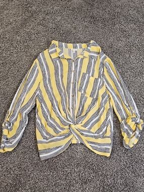 EUC SELF❤️E Striped Twist-Front Button Shirt - Yellow, White & Black XL